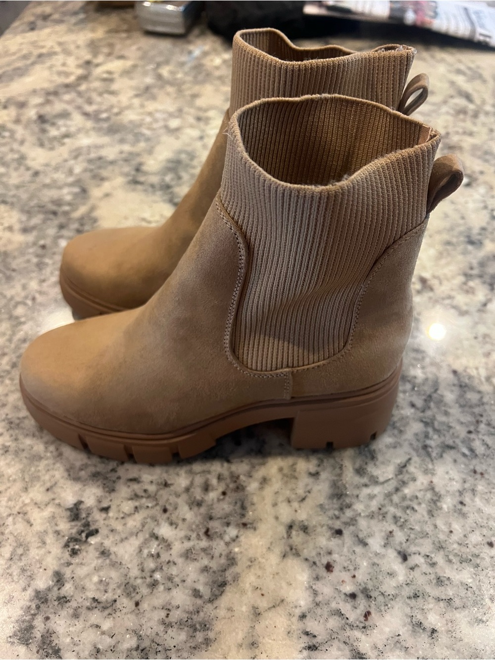 Women's Tan Suede ankle Booties with Lug Sole